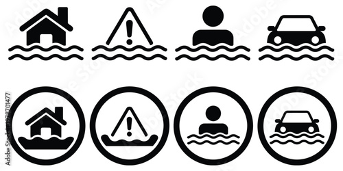 Icons for flood-related hazards and safety measures, vector illustration set with symbols for rising water, flood warnings, sandbags, emergency exits, and protective actions for public safety and 