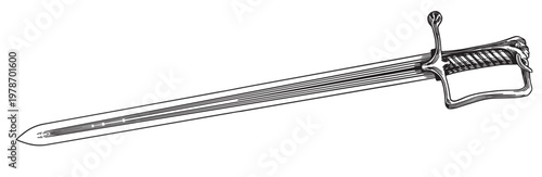 Original medieval or victorian 19 century sword and blade. Hand drawn engraving in traditional lineart ink style.