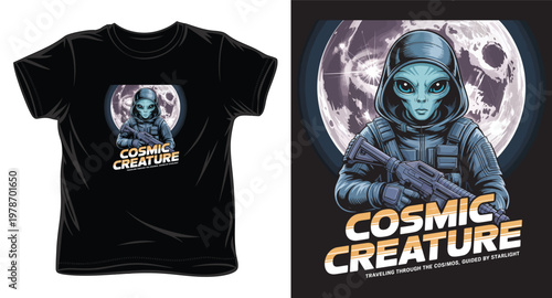 Alien soldier in armor holding futuristic rifle against moon background, cosmic creature concept.