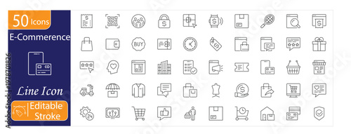 E Commerce Icons Set, Online Store, Shopping Cart, Digital Payment, Product Listing, Order Processing, Delivery Service, Editable Stroke Vector Illustration.
