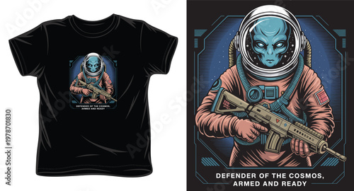 Alien astronaut in orange suit holding a rifle, defender of cosmos.