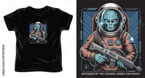 Alien astronaut in pink suit holding rifle, defender of the cosmos.