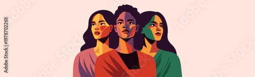 Bright vector abstract banner to Women's Day, March 8th, feminism, equality. Women of different cultures, skin colors and nationalities unite. Movements for gender equality, women's empowerment