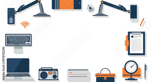 A collection of modern office and lifestyle icons arranged around a central white space, featuring gadgets, stationery, and technology items.