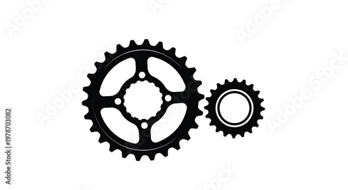 Black and white illustration of bicycle chainrings and a smaller cog