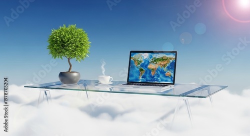 An illustration of common visual shorthand for global internet connection, digital communication, and international business.