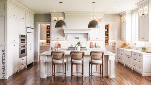 Modern kitchen with white cabinets and wooden flooring