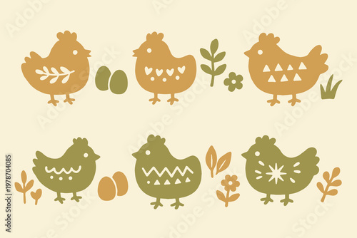 Chicken set naive folk vector illustration
