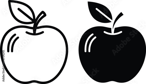 Two stylized apples one outlined and one solid black featuring leaves and stems isolated on transparent background