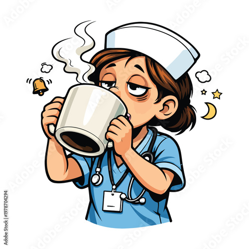 Cartoon nurse drinking coffee