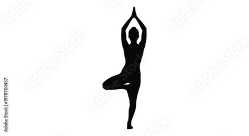 A woman practices tree pose yoga displaying a striking black silhouette