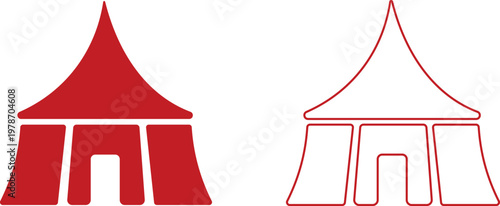 Event tent canopy pavilion icon set collection group in black red flat and line style vector illustration, camping shelter marquee gazebo awning symbol pack minimal outline design bundle