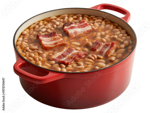 Delicious baked beans with bacon pieces in a red cast iron pot isolated on a white background