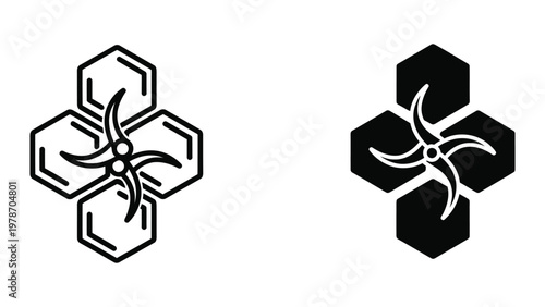 A black and white image of two logos with hexagons and a propeller