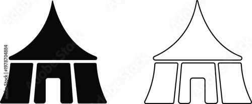 Event tent canopy pavilion icon set collection group in black red flat and line style vector illustration, camping shelter marquee gazebo awning symbol pack minimal outline design bundle