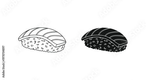 Two nigiri sushi pieces depicted in a stark black and white silhouette