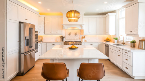 Modern kitchen with white cabinets and stainless steel appliances