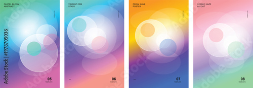 Set of four abstract pastel gradient poster templates with translucent circles, holographic mesh blur backgrounds, modern geometric covers for flyers, branding and social media