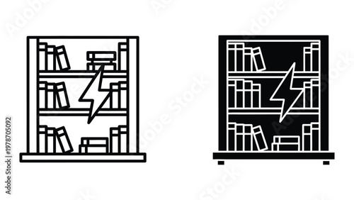 Bookshelf with books and a lightning bolt symbol