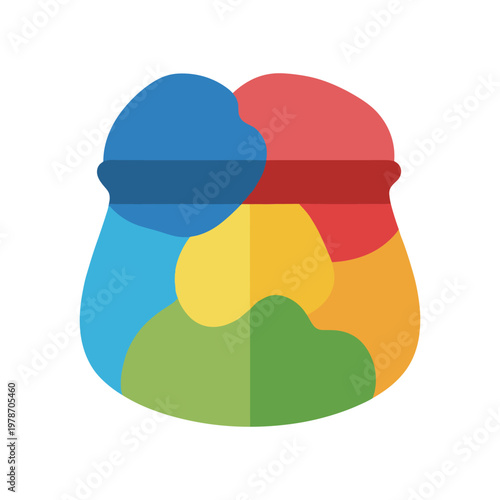 Sack of multicolored paints in a stylized bag shape represents artistic storage and diverse creative resources for painters and designers looking for vibrant pigments and colorful inspiration.