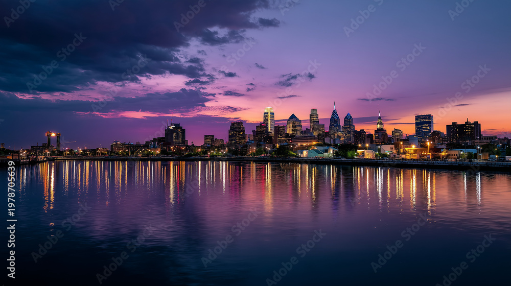 Obraz premium Philadelphia Skyline at Sunset with Colorful Reflections on Delaware River, Dramatic Twilight Cityscape