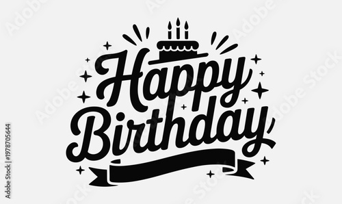 Happy birthday script lettering vector with cake and ribbon for party greeting card design