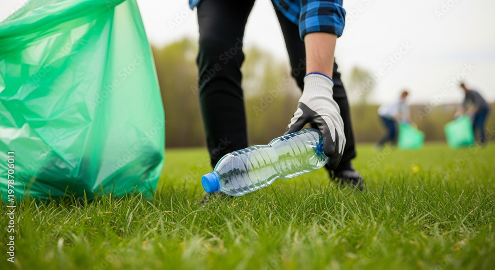 Fototapeta premium Volunteer picking up a plastic bottle from the grass in a park, environmental cleanup concept