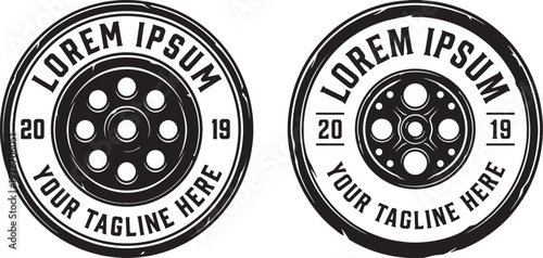 Vintage Retro Automotive Wheel Rim Circle Badge Logo Design Set in Black and White Stamp Style