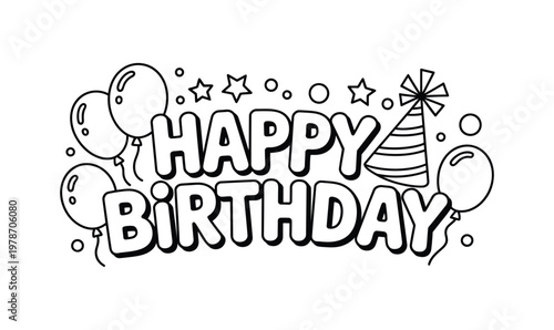 Happy birthday vector illustration with balloons and stars line art for kids coloring book design