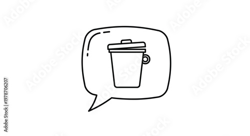 A simple black and white doodle illustration of a trash can inside a speech bubble
