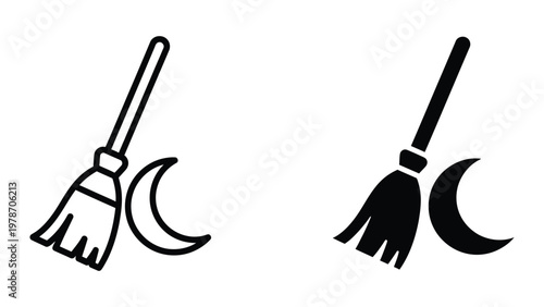 Black and white broom and crescent moon icons
