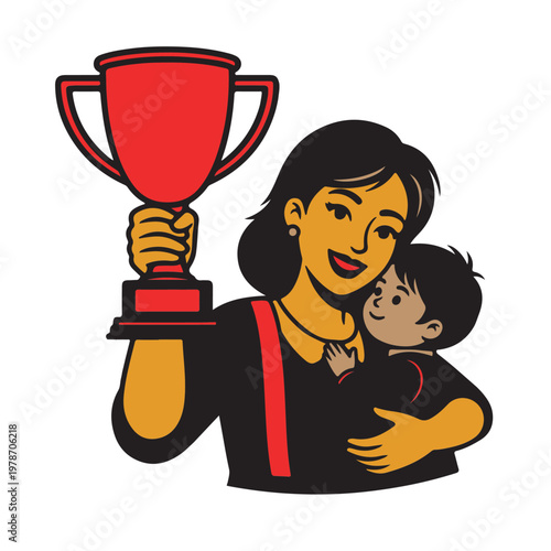 Successful mother holding trophy and hugging child