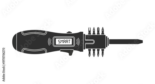 Black screwdriver with digital display and multiple bits a striking silhouette
