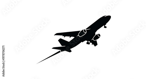 Silhouette of a commercial airliner ascending into the sky.