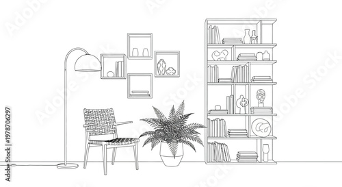 A minimalist line drawing depicts a room with a bookshelf chair lamp and potted plant