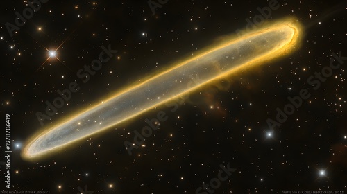 Glowing elongated nebula floats amidst a dense field of distant stars in deep space.