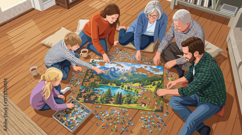 A family gathered together enjoying a relaxing pastime, completing a jigsaw puzzle on a wooden floor