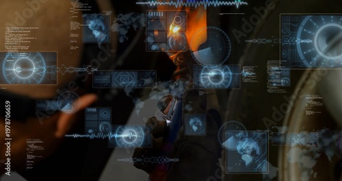 Holding heavy gloved hand heating small component in workshop, torch flame with HUD overlays by rim