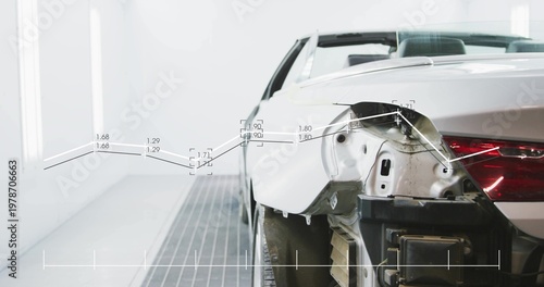 Showing white convertible right rear quarter with removed bumper and overlays in bay, copy space