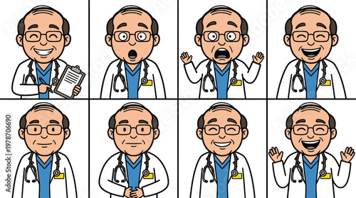 Cartoon healthcare worker in various expressions in office setting with white coat on.