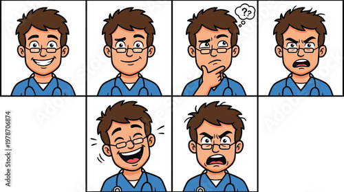A cartoon healthcare worker shows various expressive facial emotions and reactions.