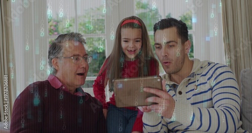 Watching family trio leaning toward tablet on sofa at home, red headband, showing binary overlay