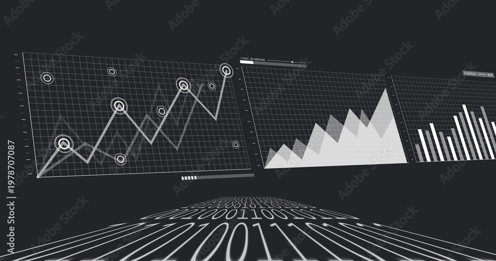 Fototapeta premium Flowing binary digit stream curving toward data panel with line markers, area peaks, bars, sliders