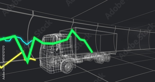 Displaying wireframe cab-over truck and box trailer inside virtual tunnel grid, with neon graphs