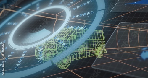 Rotating neon yellow-green wireframe van hovering in holographic interface, with radar and grid