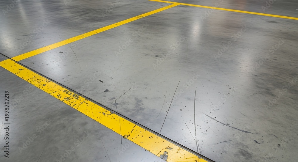 Fototapeta premium Industrial warehouse concrete floor with bright yellow safety lines marking pathways and zones for logistics and operations