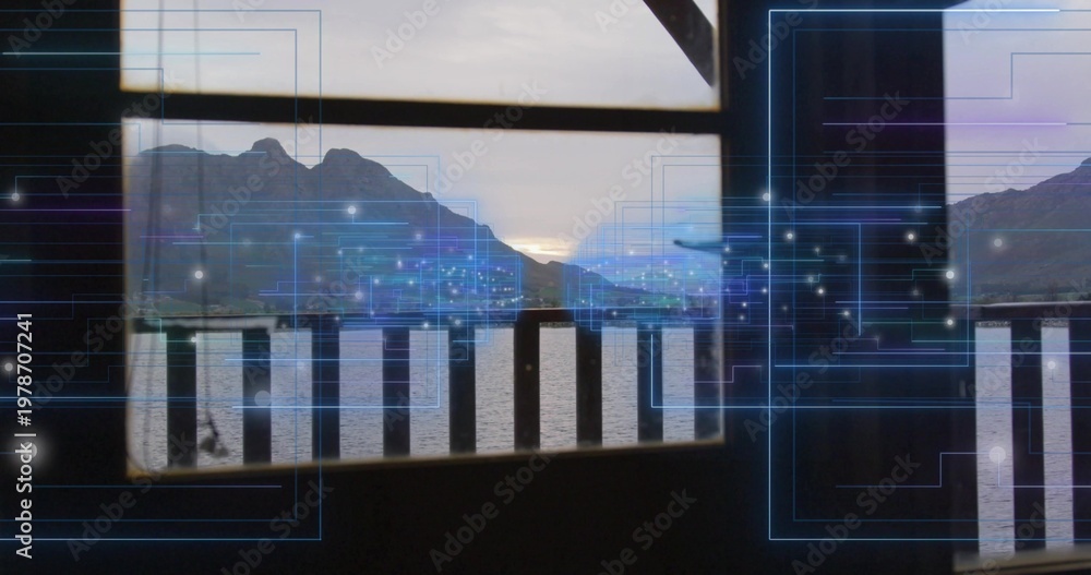 Fototapeta premium Framing framed lake and mountain view from covered deck, with wooden balustrade and blue overlay
