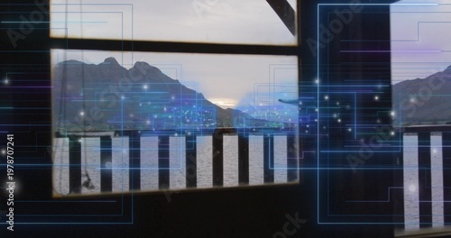 Framing framed lake and mountain view from covered deck, with wooden balustrade and blue overlay