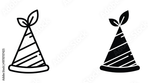 Conical hats with leaf decorations displaying contrasting line art styles