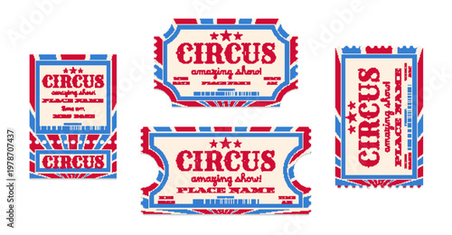 Vintage circus tickets with red blue striped frames, cartoon vector set isolated on white background. Retro carnival invitation design, decorative borders with barcode for shows, festivals, events